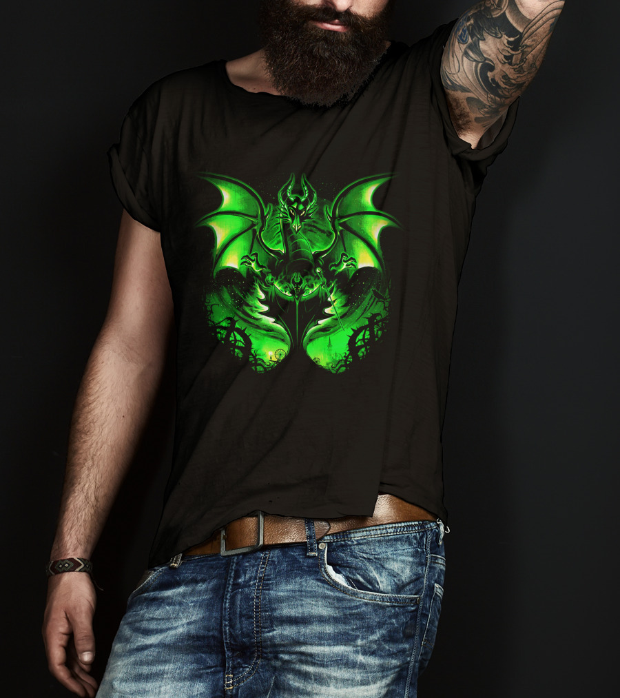Maleficent 2 Dark Green Dragon Art Fantastical Scene Ravens Winding Thorns T-Shirt