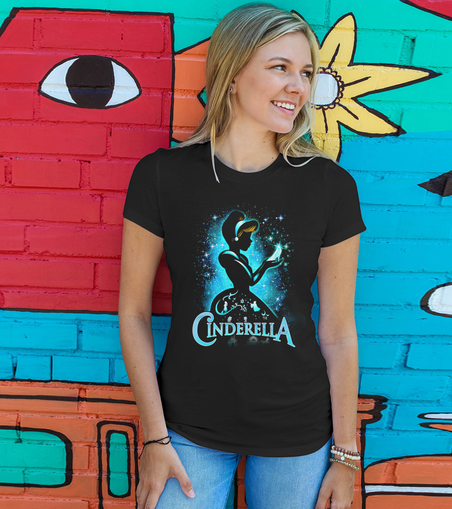 Cinderella Silhouette Holding Glass Slipper With Enchanted Blue Starry T-Shirt