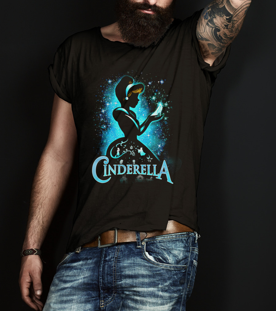 Cinderella Silhouette Holding Glass Slipper With Enchanted Blue Starry T-Shirt