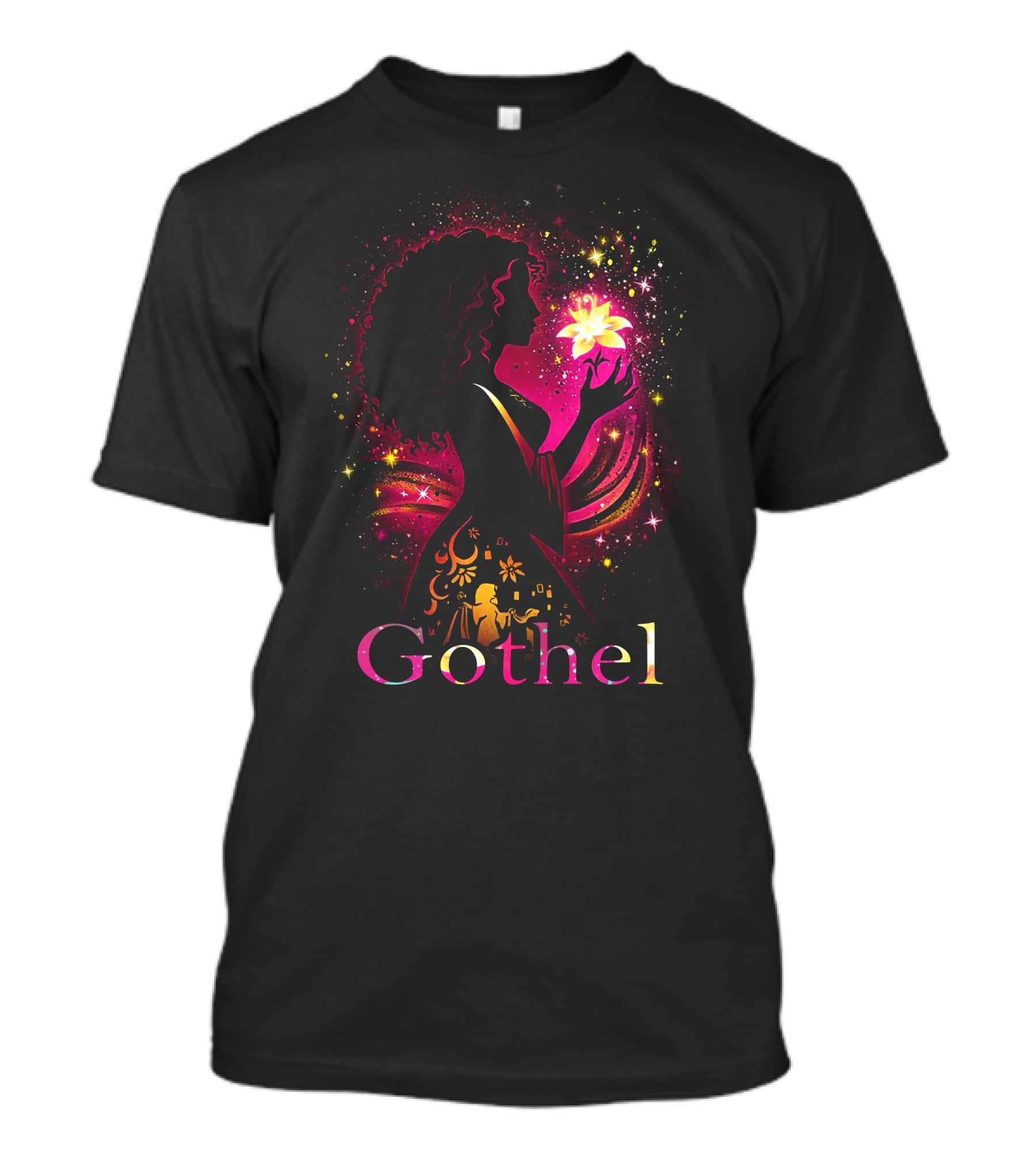 Gothel Silhouette With Glowing Flower And Cosmic Background T-Shirt