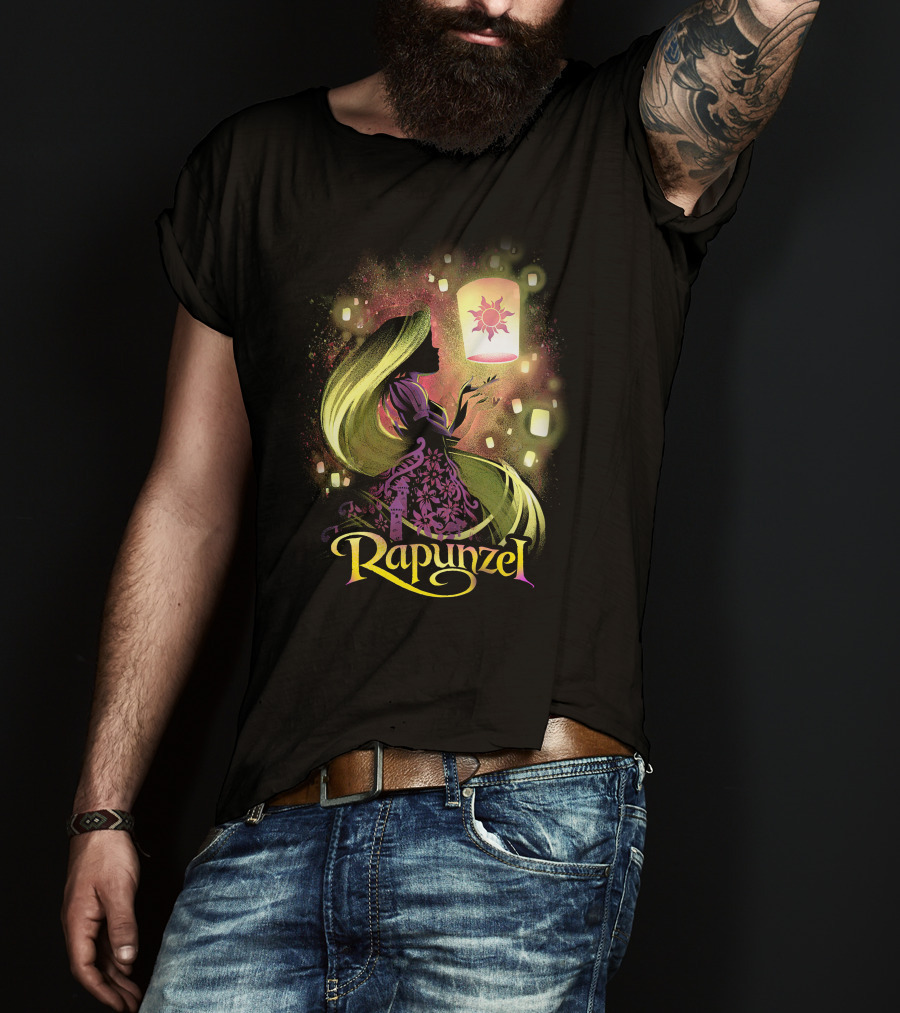 Rapunzel Lantern Silhouette With Glowing Hair And Floating Lights T-Shirt