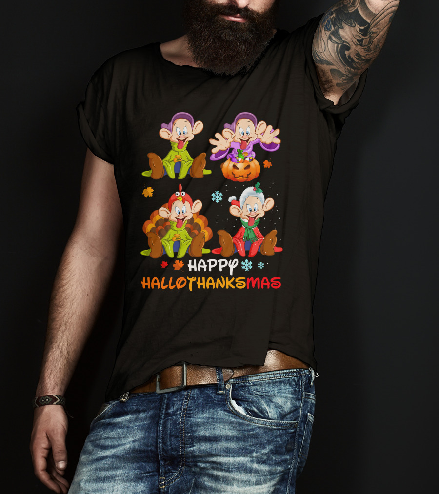 Happy Hallothanksmas Dopey Snow White Dwarfs Pumpkin Turkey Santa Hat T-Shirt