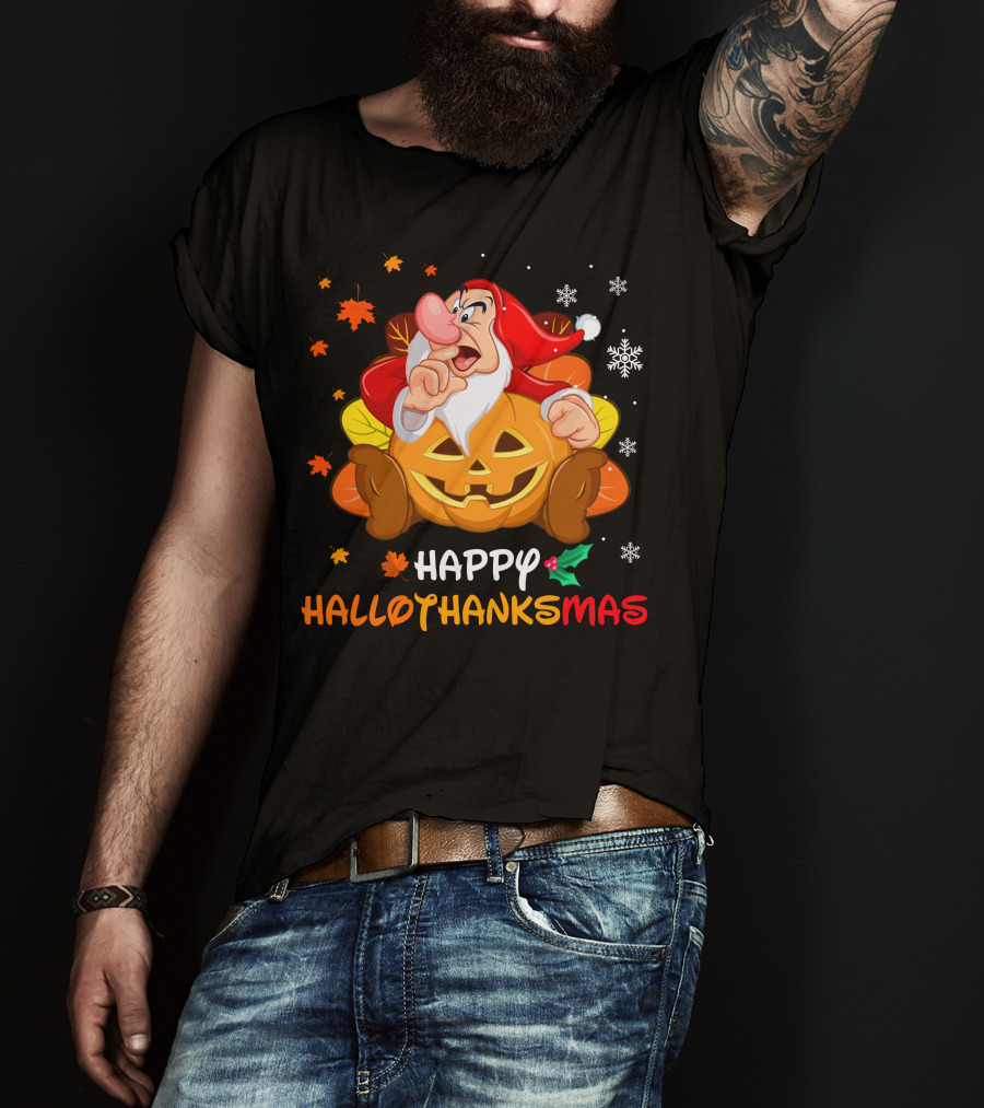 Happy Hallothanksmas Santa Dwarf With Pumpkin And Leaves T-Shirt