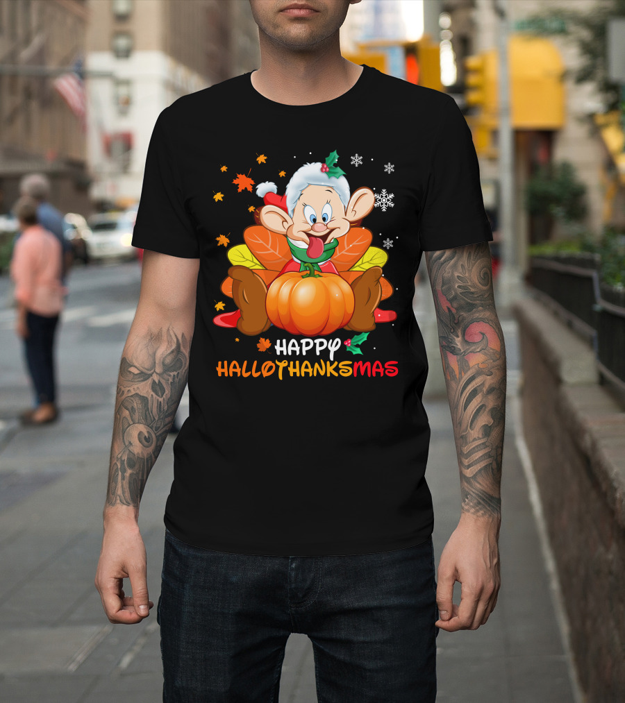 Happy Hallothanksmas Snow White Dwarf Thanksgiving Christmas Halloween T-Shirt