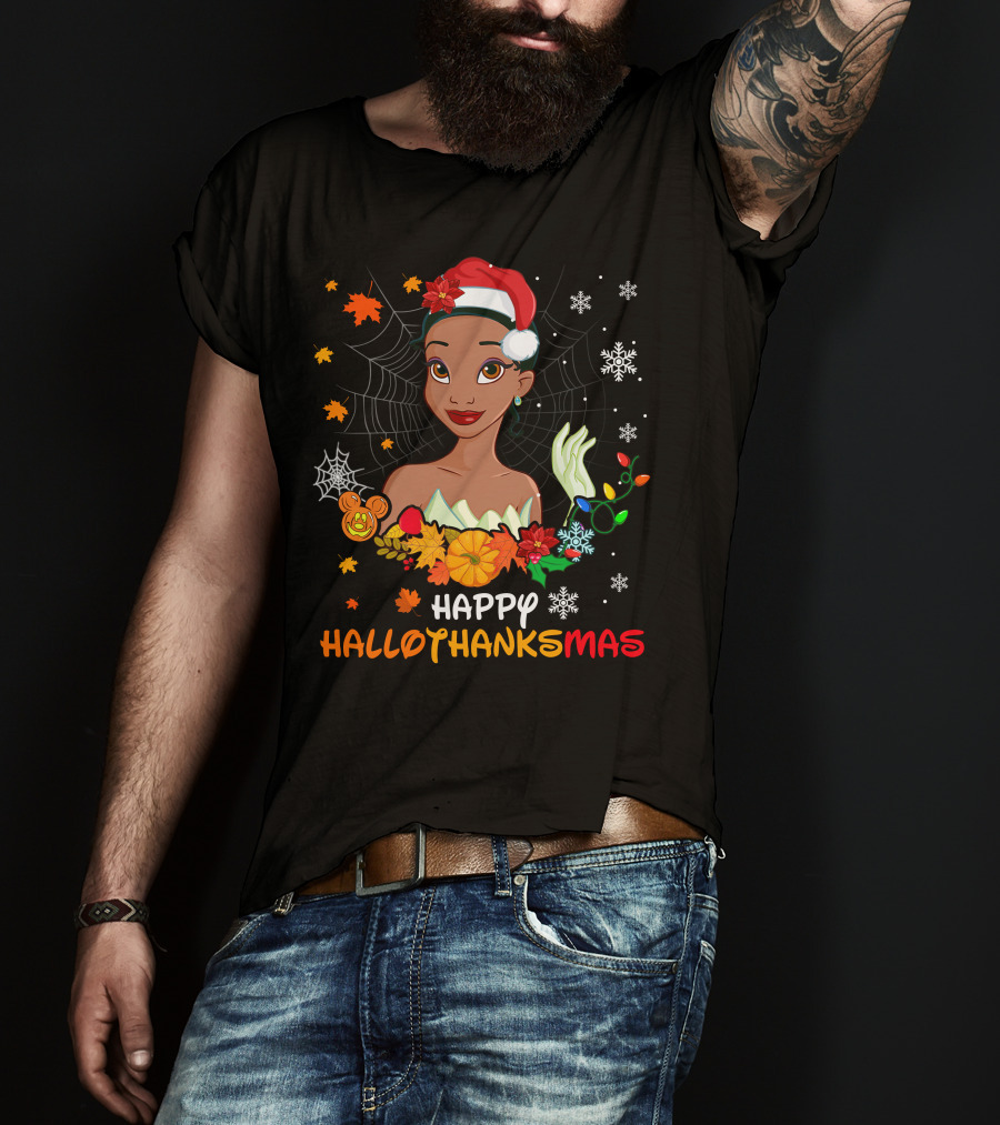 Happy Hallothanksmas Tiana Disney Princess With Santa Hat Spider Web And Holiday Decorations T-Shirt