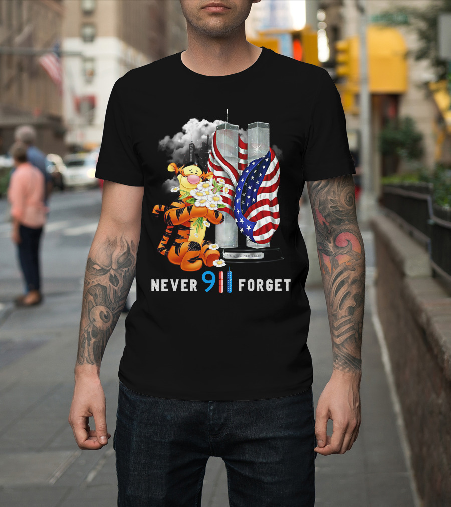 Never 911 Forget Tigger Holding Flowers Twin Towers American Flag T-Shirt