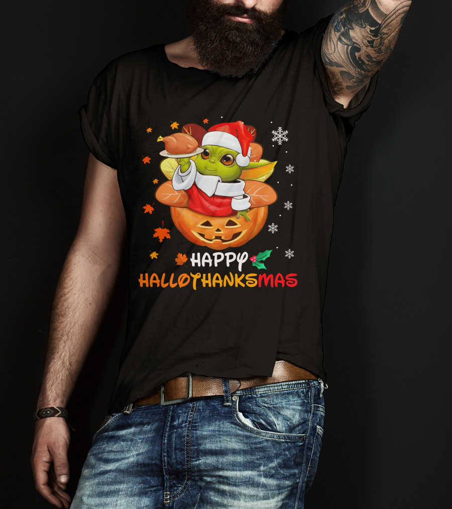 Happy Hallothanksmas Baby Yoda Santa Pumpkin Turkey T-Shirt