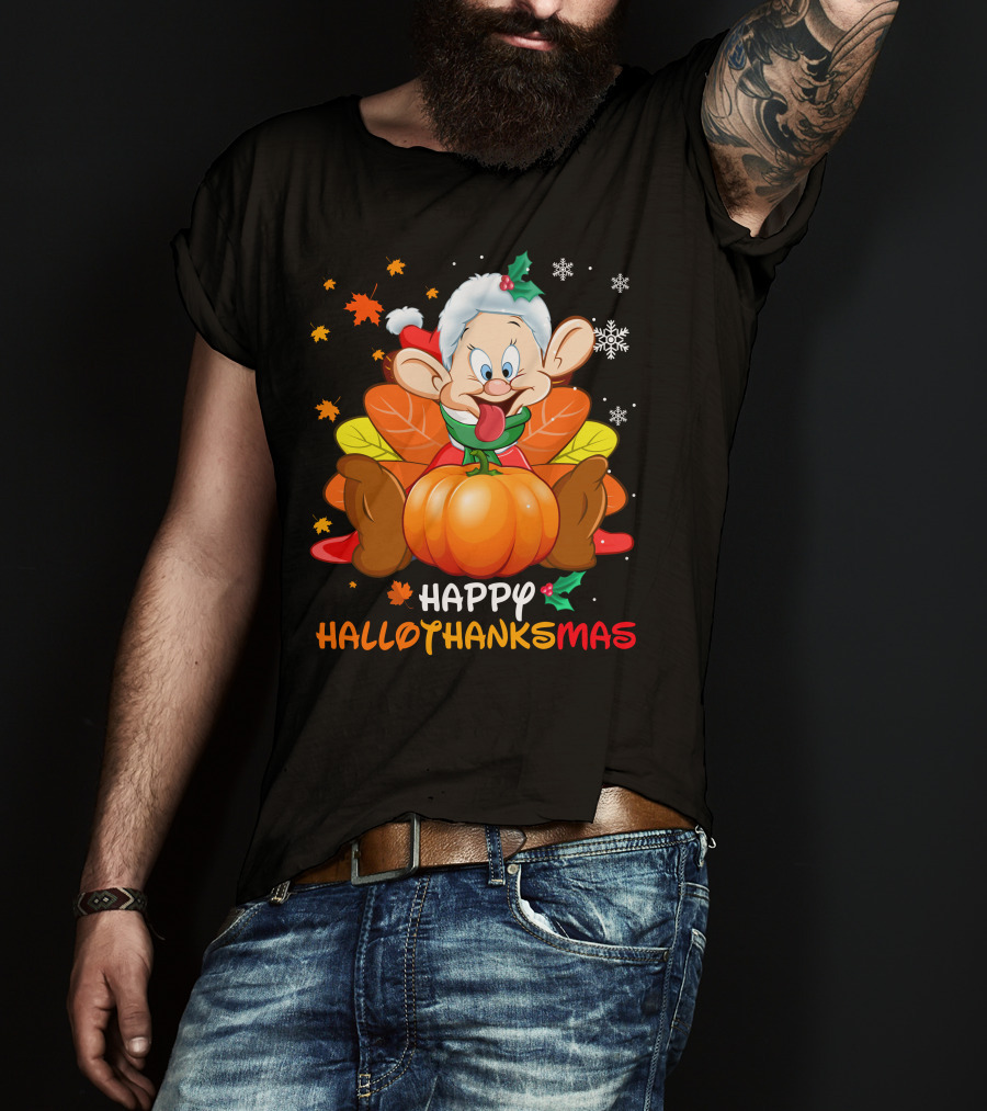 Happy Hallothanksmas Dopey Pumpkin Leaves Snowflakes T-Shirt