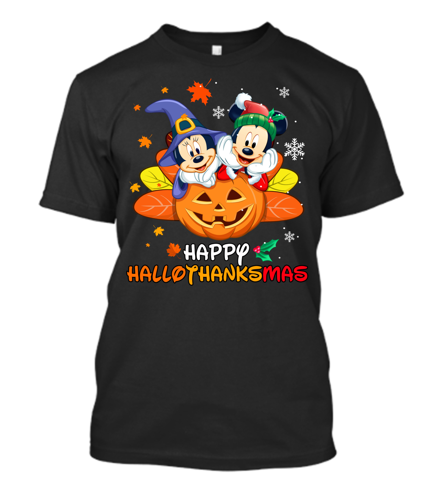 Mickey & Minnie Happy Hallothanksmas Pumpkin Snowflakes Leaves T-Shirt