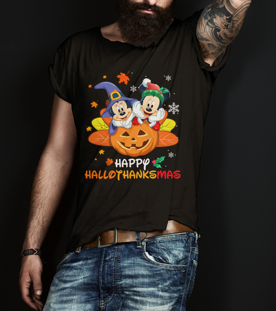 Mickey & Minnie Happy Hallothanksmas Pumpkin Snowflakes Leaves T-Shirt