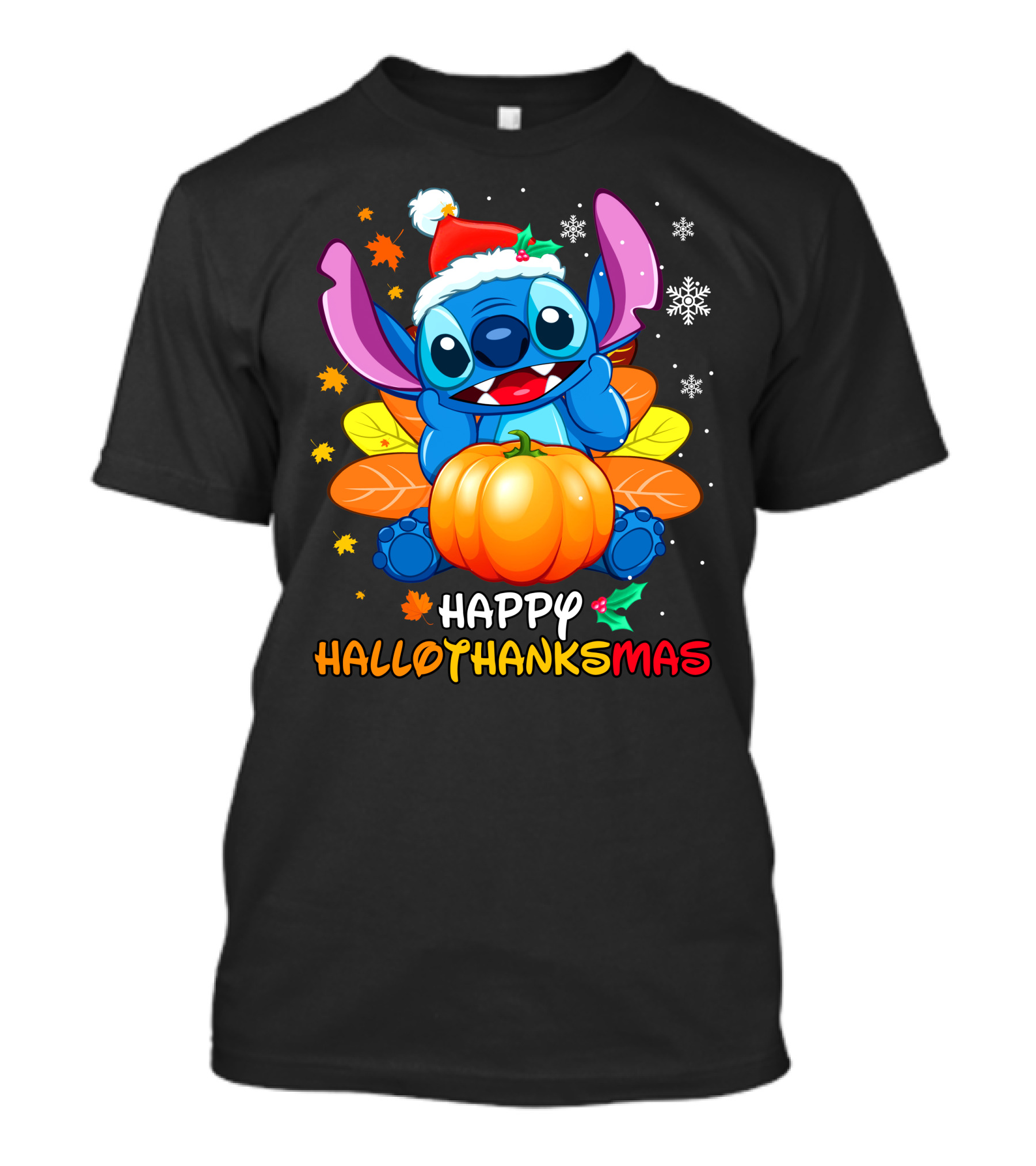 Happy Hallothanksmas Stitch Pumpkin Santa Hat Leaves Snowflakes T-Shirt