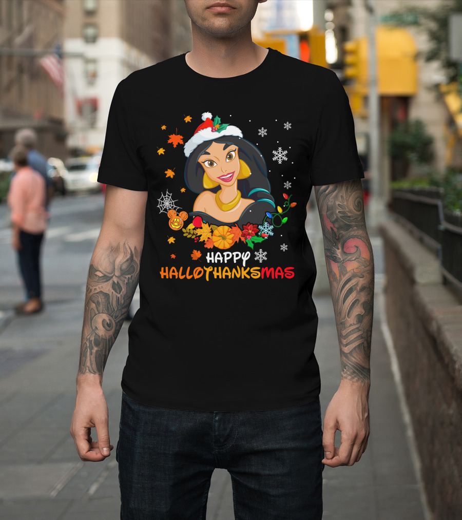 Happy Hallothanksmas Jasmine Fall Leaves Pumpkins Snowflakes T-Shirt