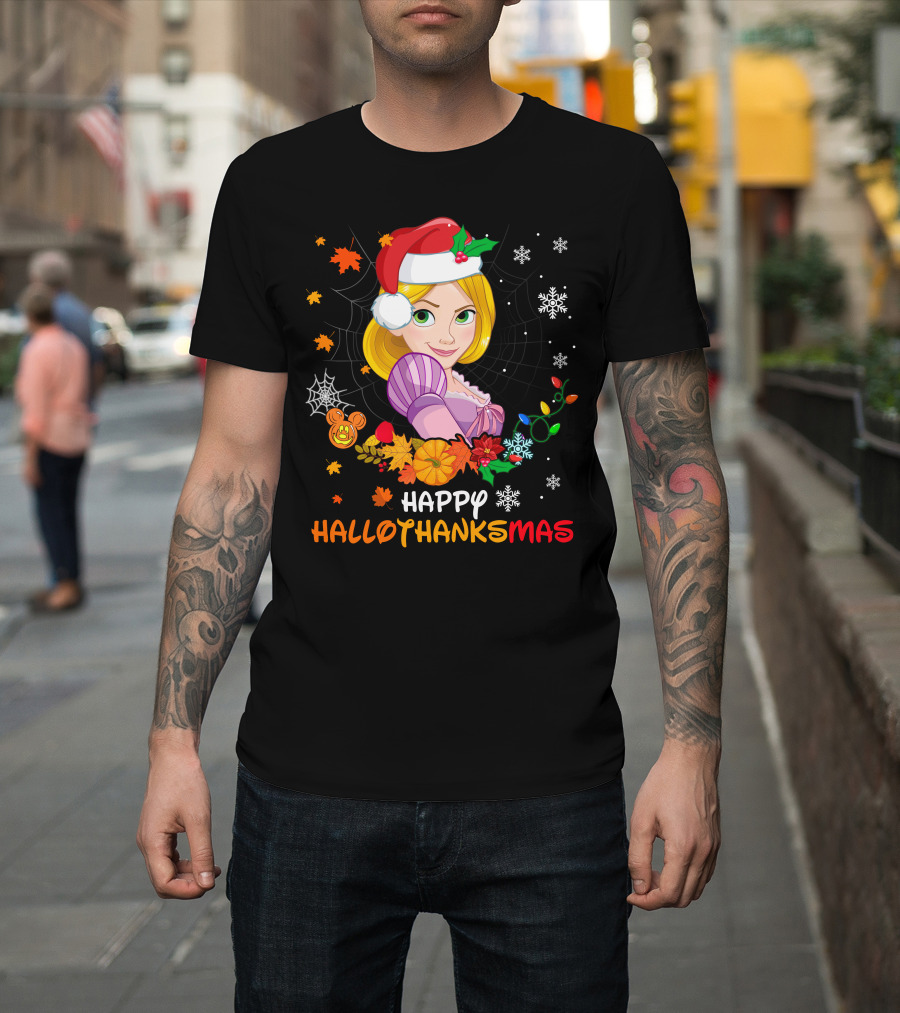 Happy Hallothanksmas Rapunzel Festive Mashup With Santa Hat Autumn Leaves And Christmas Lights T-Shirt