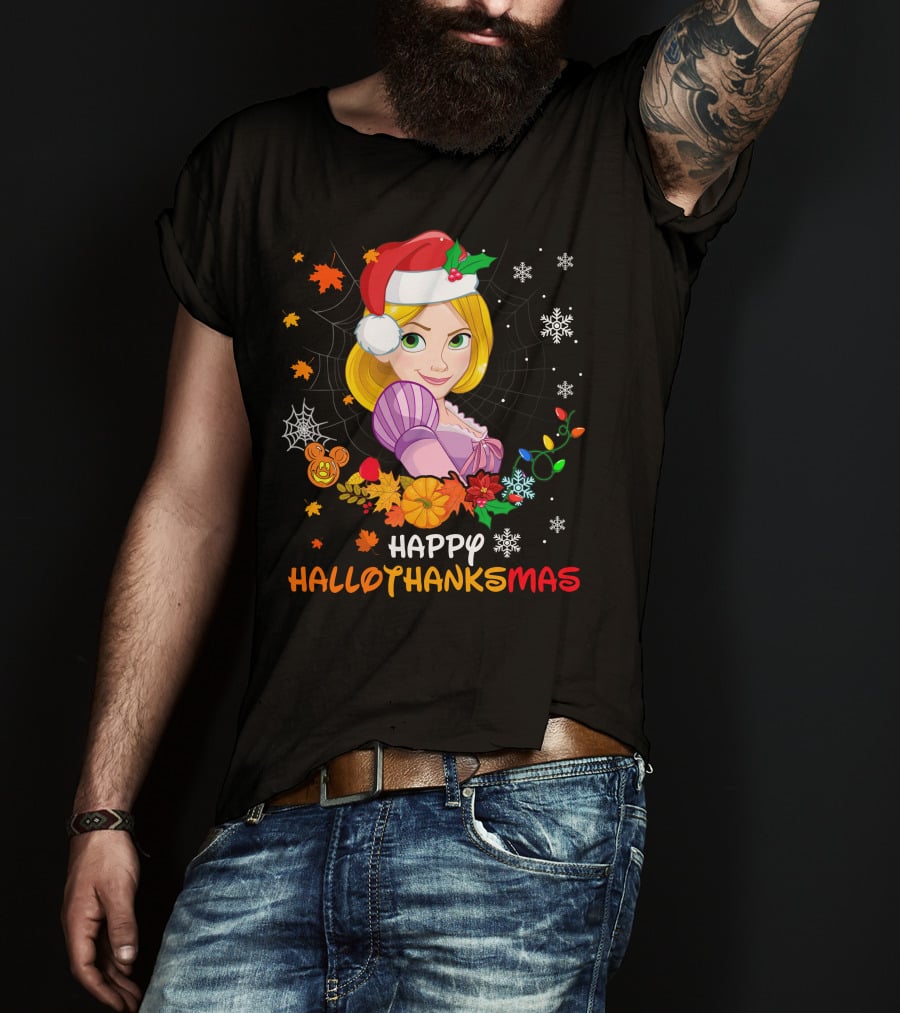 Happy Hallothanksmas Rapunzel Festive Mashup With Santa Hat Autumn Leaves And Christmas Lights T-Shirt