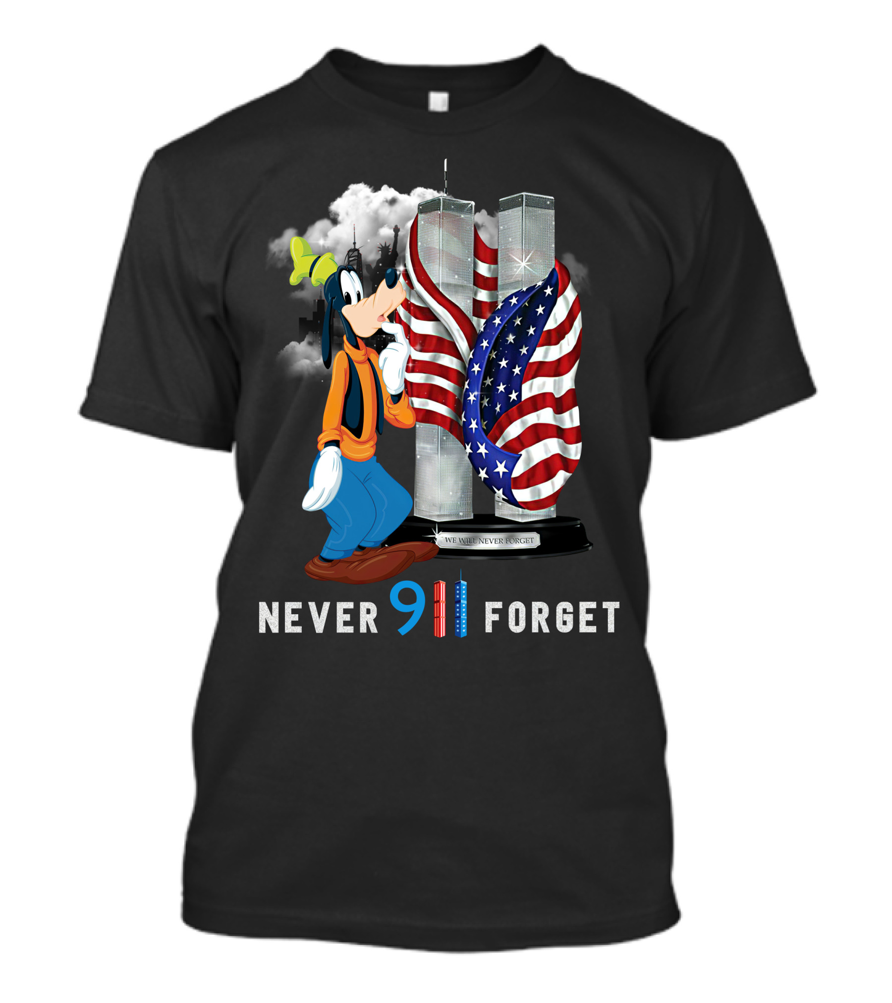 Never Forget Goofy 9/11 Twin Towers American Flag Memorial T-Shirt