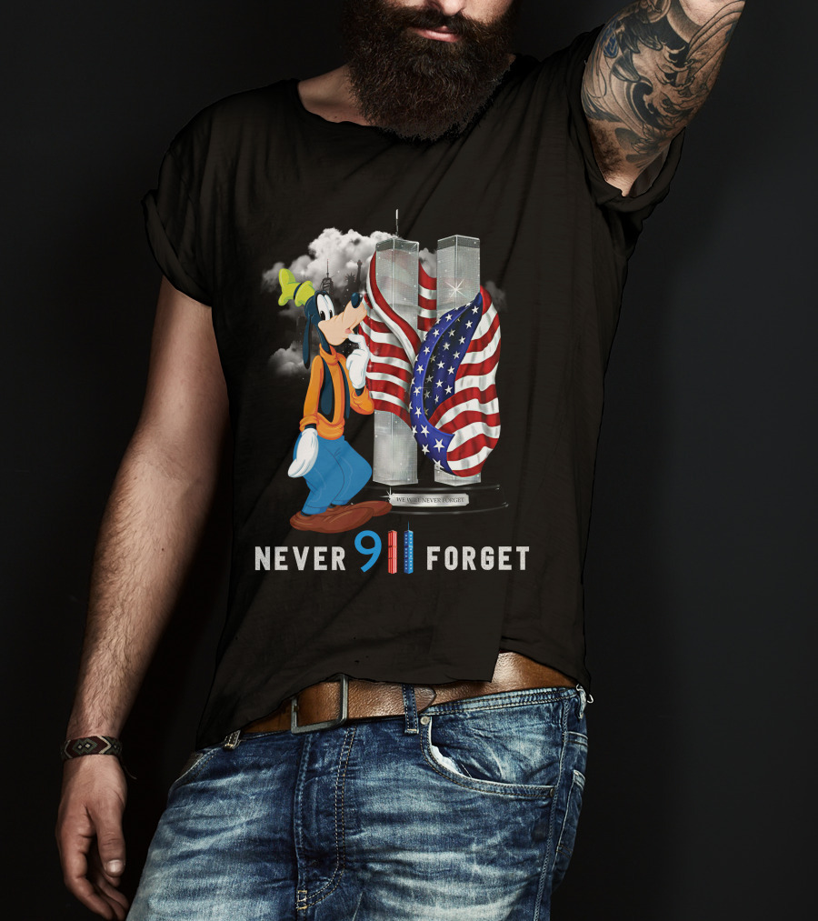 Never Forget Goofy 9/11 Twin Towers American Flag Memorial T-Shirt