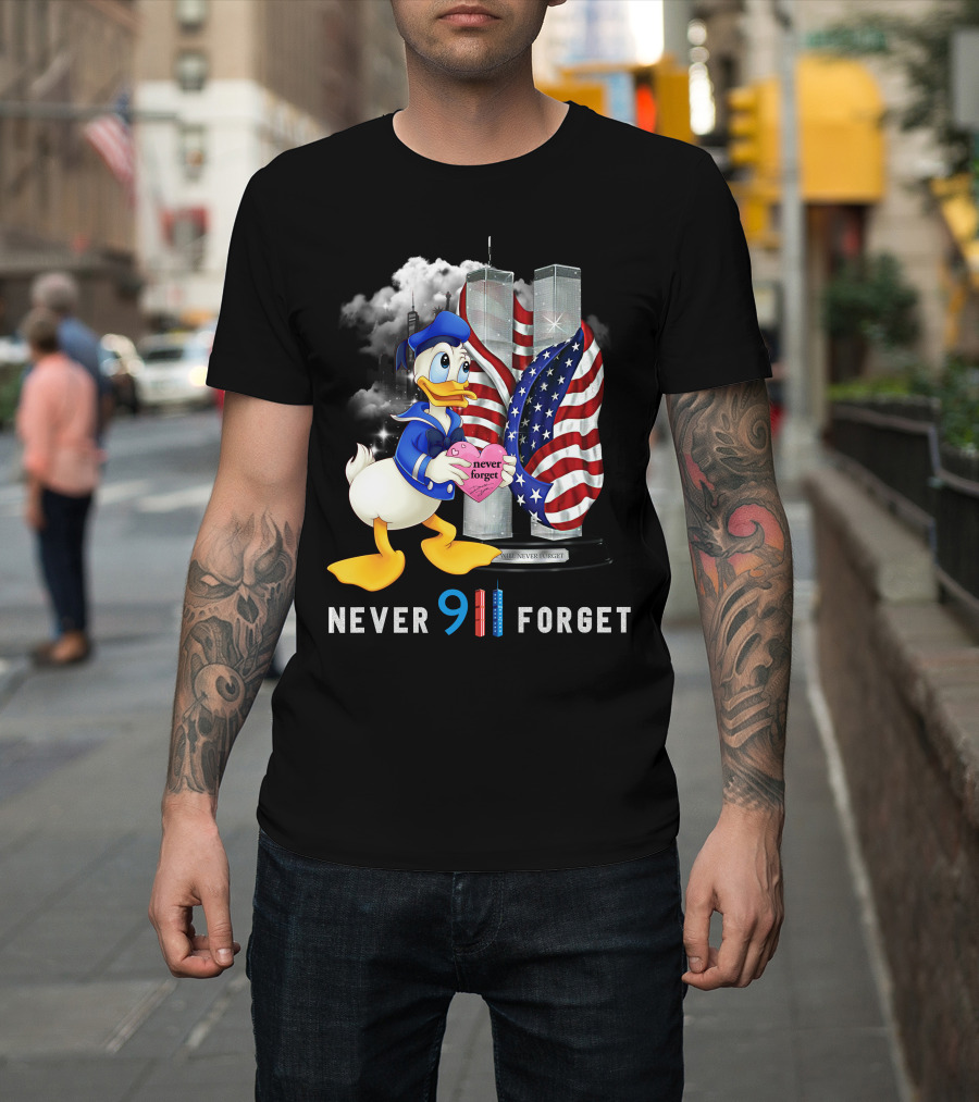 Never 911 Forget Donald Duck Twin Towers Usa Flag T-Shirt