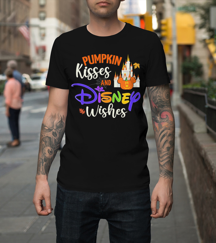 Pumpkin Kisses And Disney Wishes Castle Halloween Leaves T-Shirt