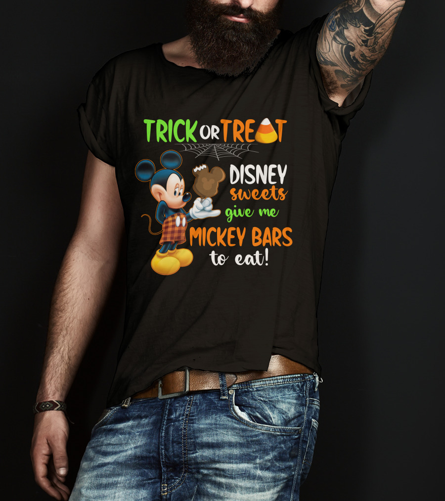 Trick Or Treat Disney Sweets Give Me Mickey Bars To Eat Candy Corn And Spiderweb With Mickey Mouse Eating Chocolate Ice Cream T-Shirt