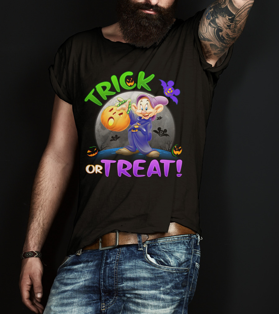 Trick Or Treat Dopey Halloween Disney Character With Pumpkin And Bat T-Shirt