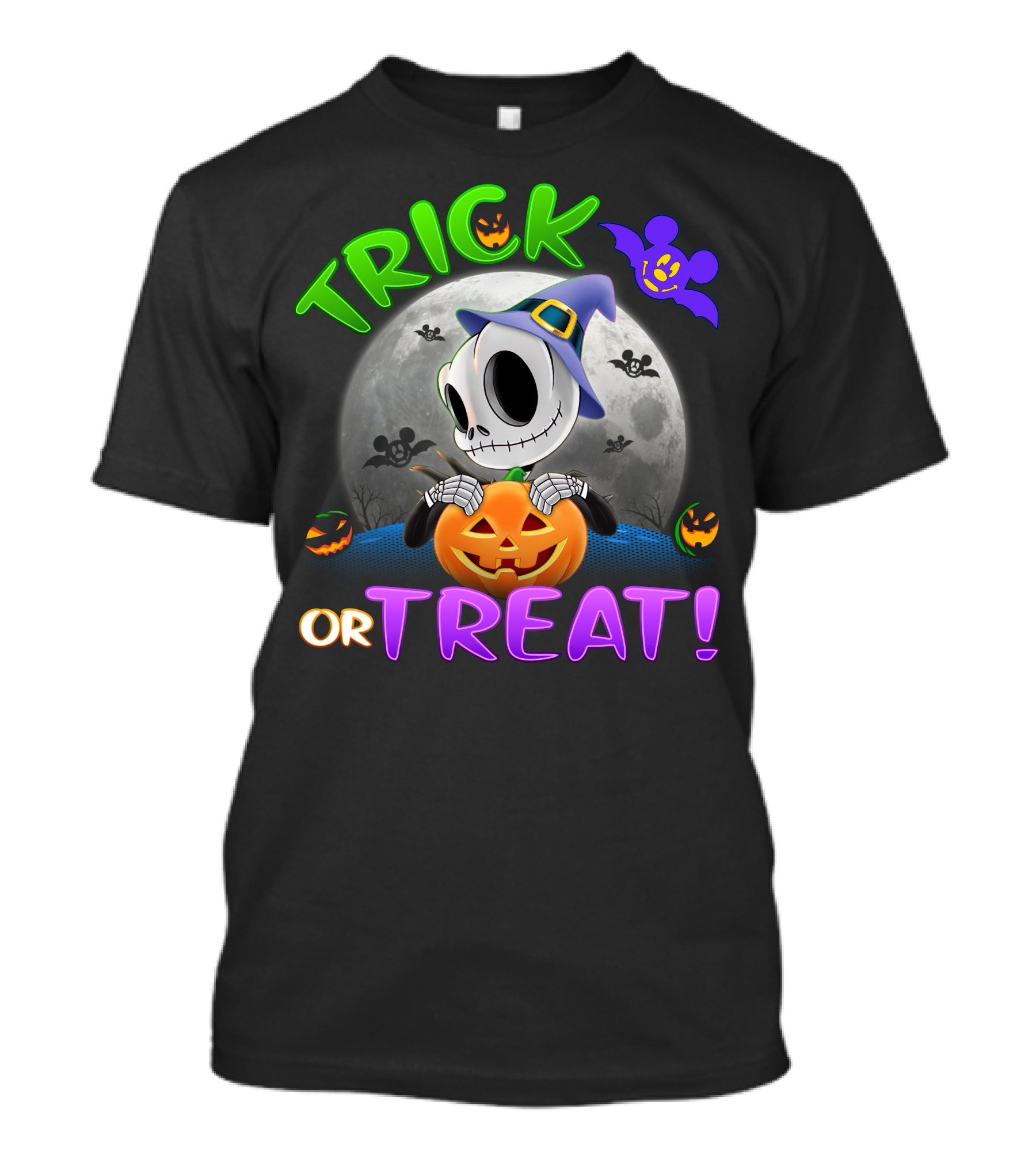 Trick Or Treat Jack Skellington In Halloween Moon With Pumpkins And Purple Bat T-Shirt