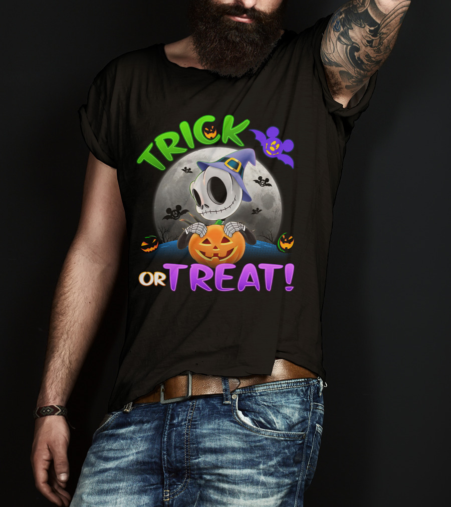 Trick Or Treat Jack Skellington In Halloween Moon With Pumpkins And Purple Bat T-Shirt