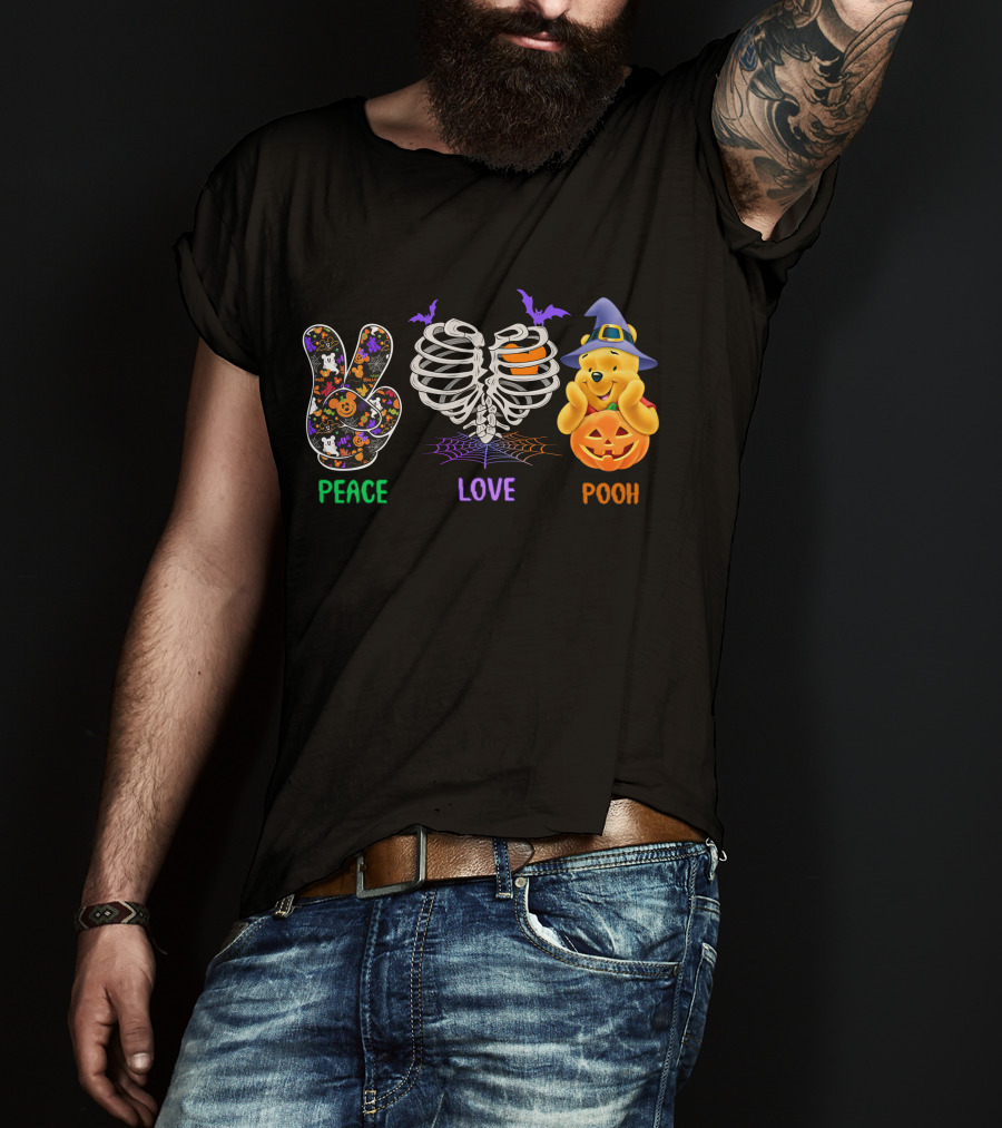 Peace Love Pooh Halloween Pumpkin Skeleton Ribs T-Shirt