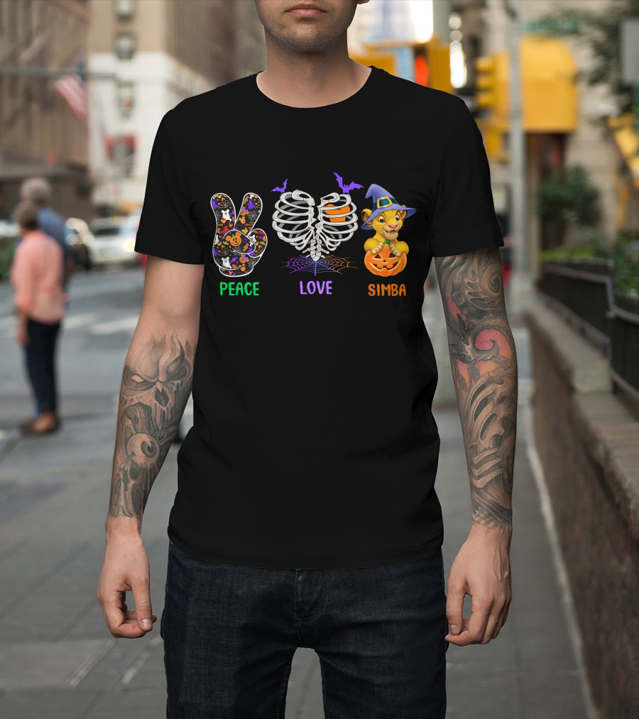Peace Love Simba Halloween Ribs Pumpkin Bats T-Shirt