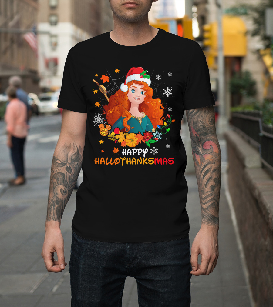 Merida Happy Hallothanksmas With Leaves And Snowflakes T-Shirt