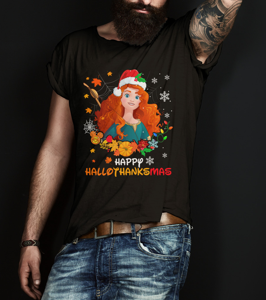 Merida Happy Hallothanksmas With Leaves And Snowflakes T-Shirt