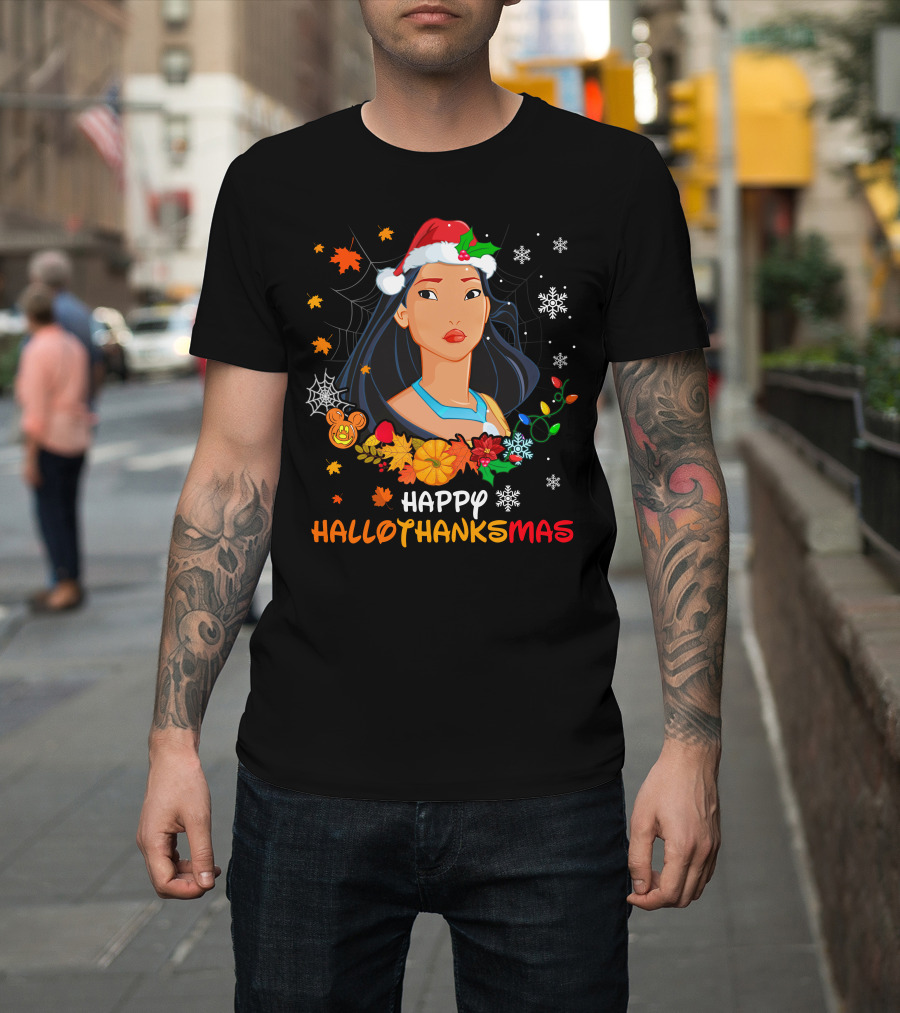 Happy Hallowthanksmas Pocahontas Santa Hat Thanksgiving Christmas Halloween T-Shirt