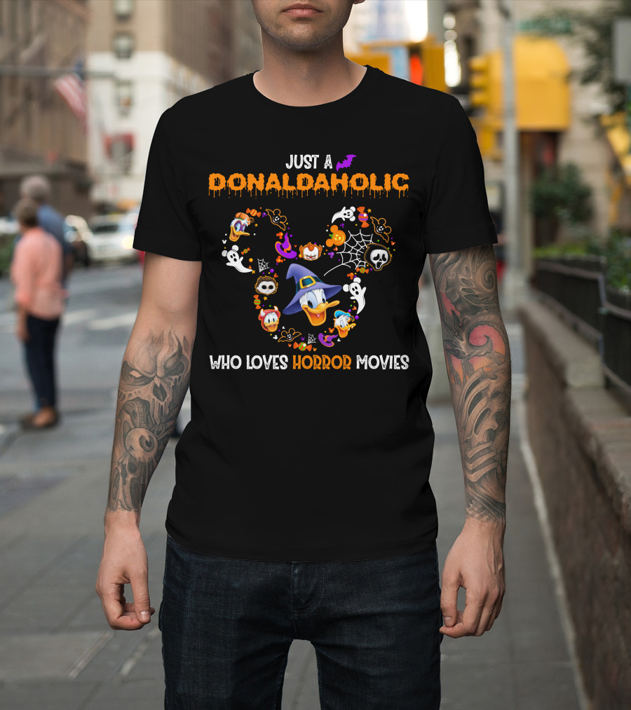 Just A Donaldaholic Who Loves Horror Movies Halloween Donald Duck Ghosts Pumpkins Bat Spiderweb T-Shirt