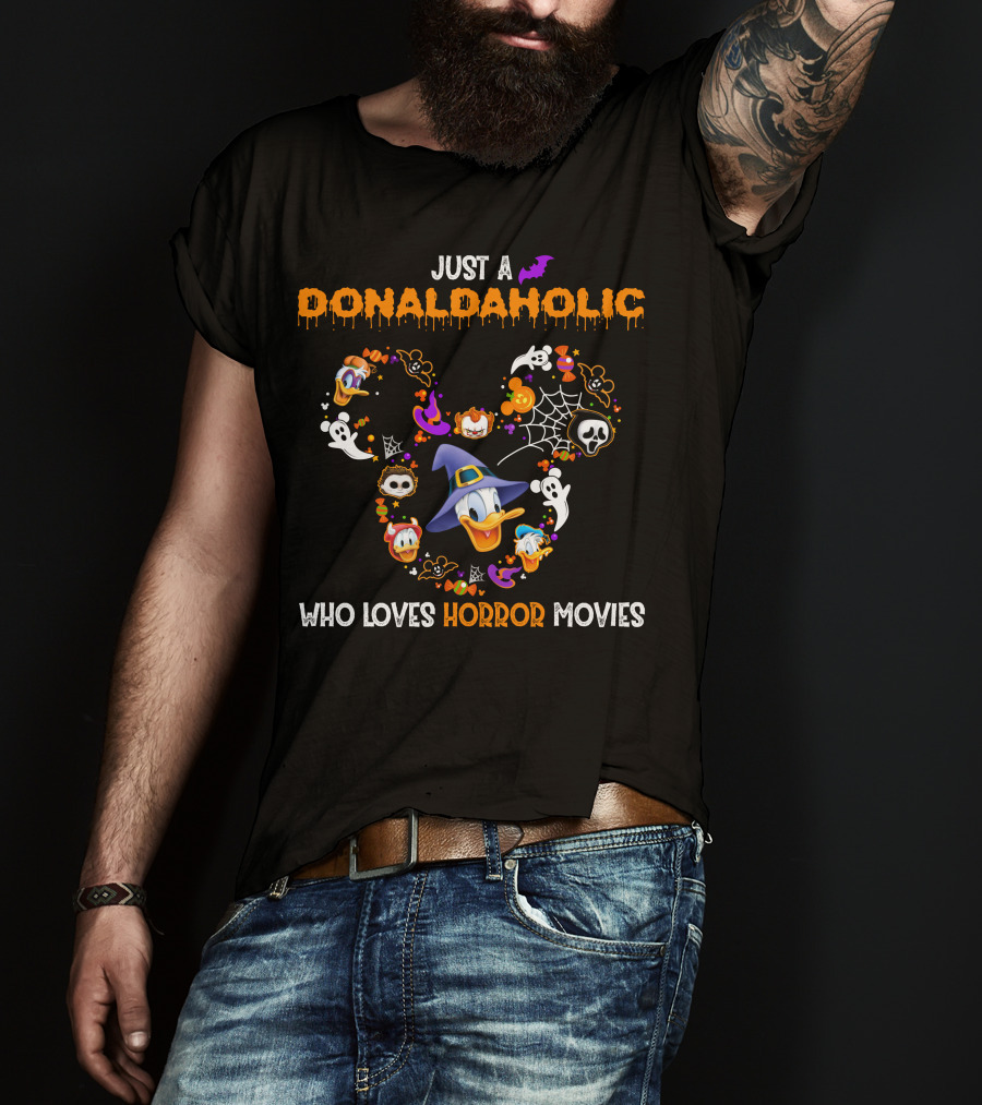 Just A Donaldaholic Who Loves Horror Movies Halloween Donald Duck Ghosts Pumpkins Bat Spiderweb T-Shirt