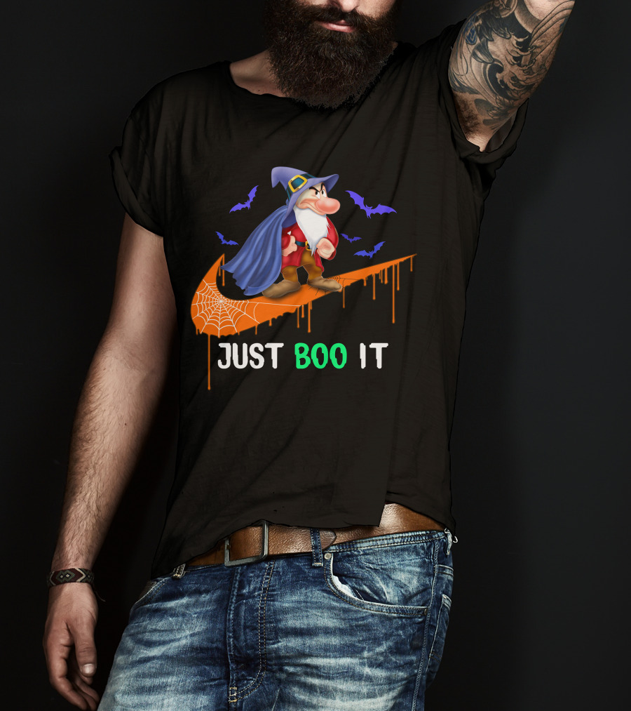 Just Boo It Witch Hat Grumpy With Purple Bats And Orange Swoosh T-Shirt