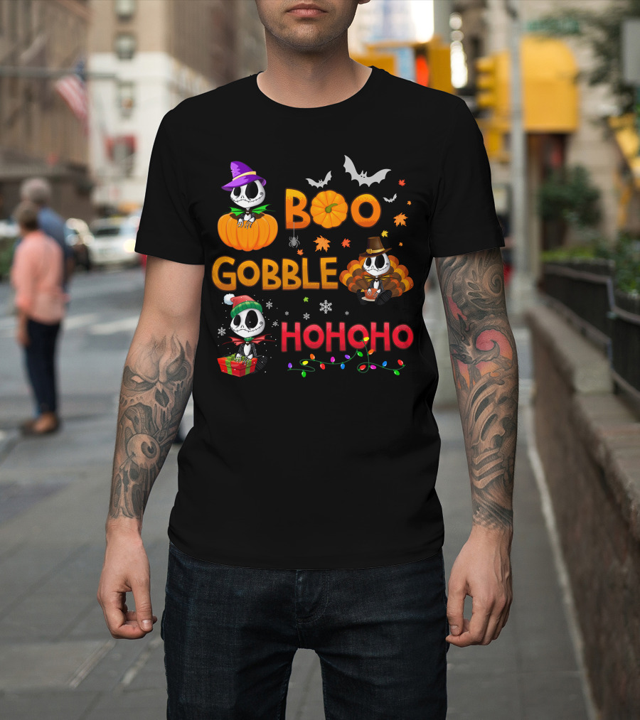 Boo Gobble Hohoho Jack Skellington Halloween Thanksgiving Christmas T-Shirt