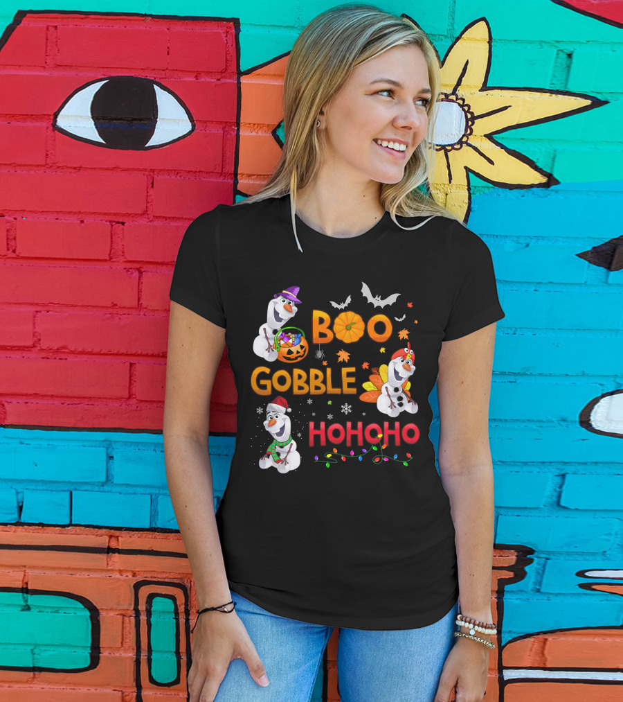 Boo Gobble Hohoho Olaf Halloween Thanksgiving Christmas T-Shirt