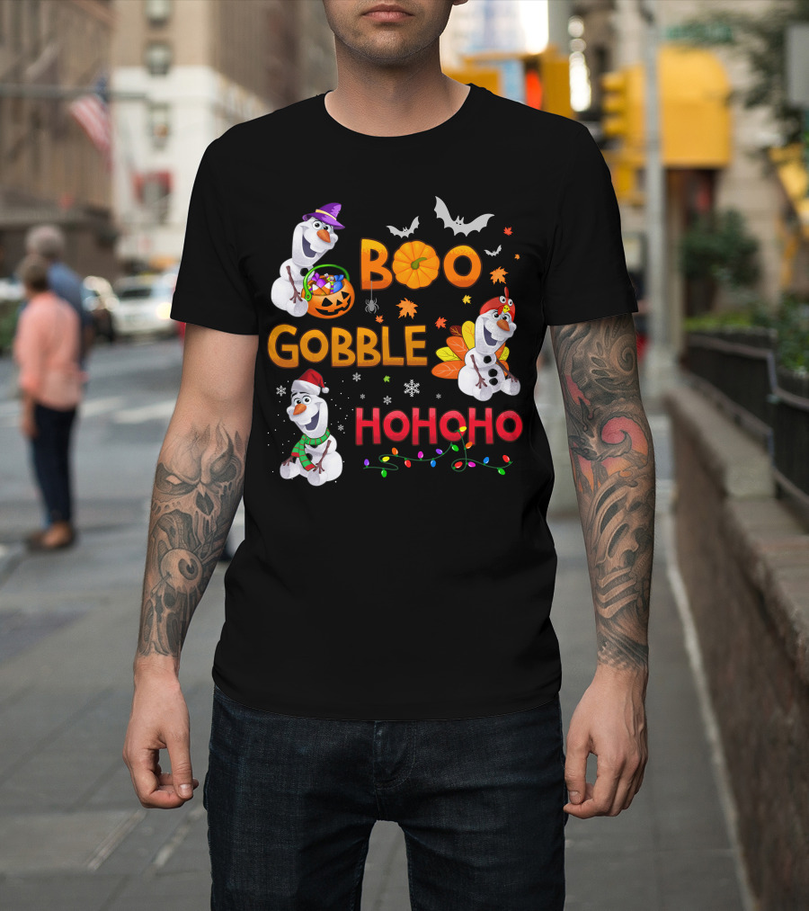 Boo Gobble Hohoho Olaf Halloween Thanksgiving Christmas T-Shirt