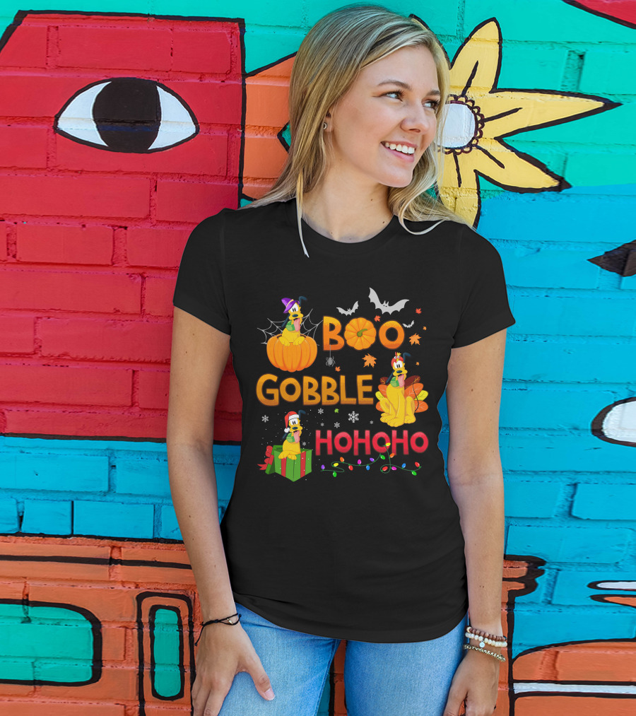 Boo Gobble Hohoho Pluto Halloween Thanksgiving Christmas T-Shirt