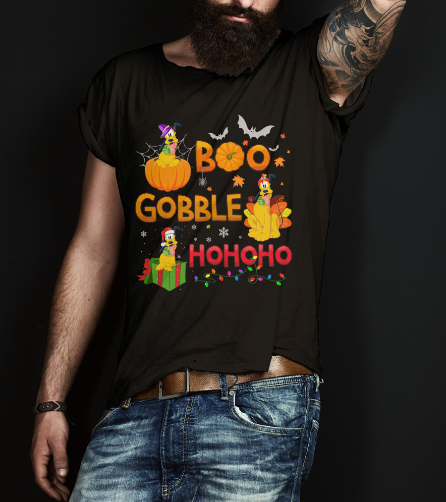 Boo Gobble Hohoho Pluto Halloween Thanksgiving Christmas T-Shirt