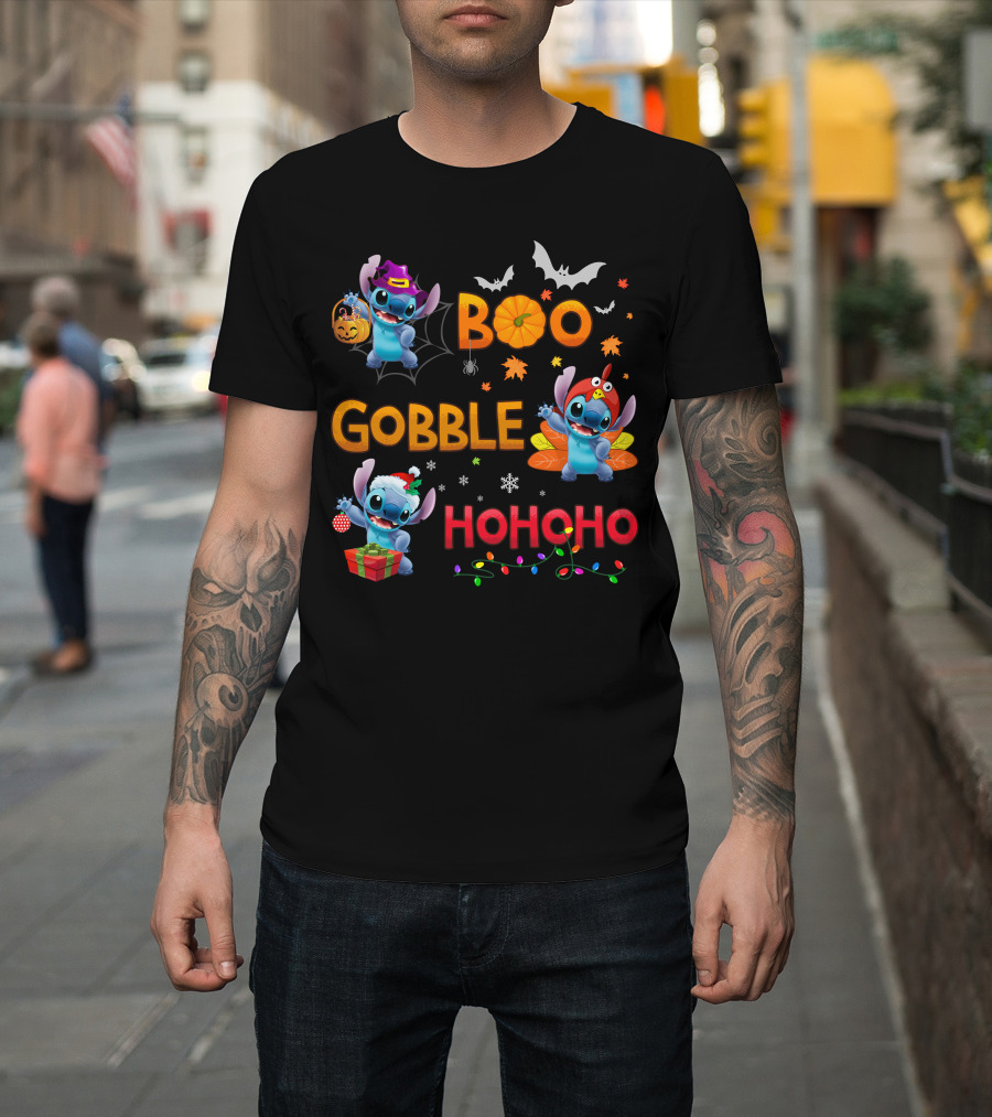 Boo Gobble Hohoho Stitch Halloween Thanksgiving Christmas T-Shirt