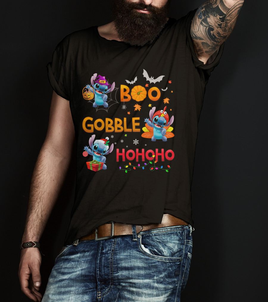 Boo Gobble Hohoho Stitch Halloween Thanksgiving Christmas T-Shirt
