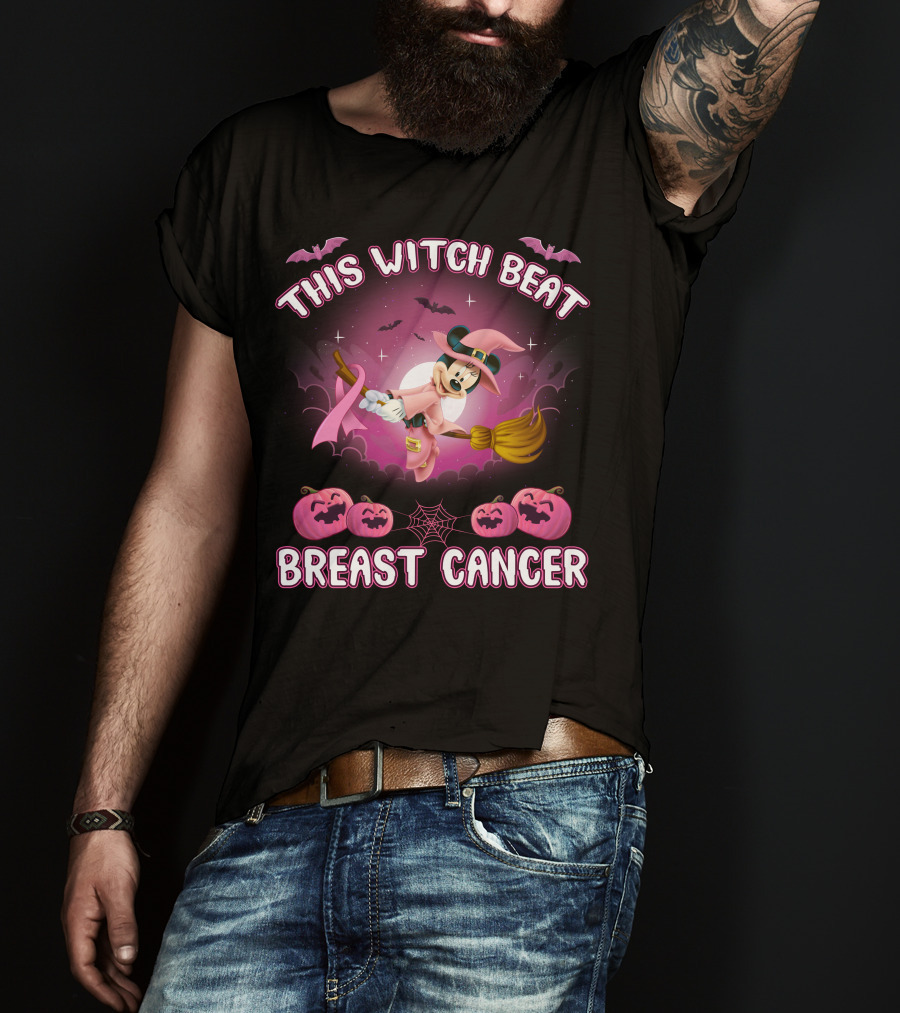 This Witch Beat Breast Cancer Minnie Witch Hat Pink Broom Halloween T-Shirt