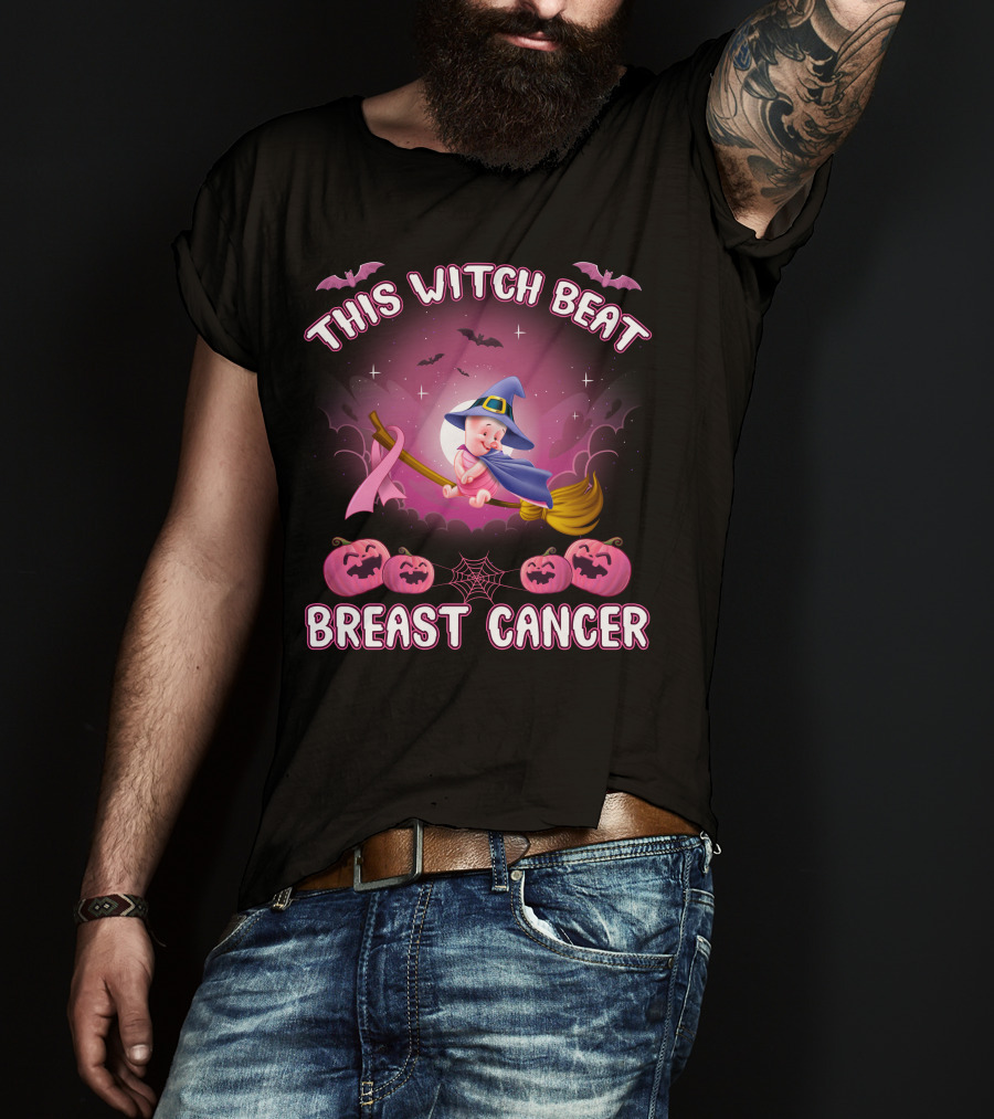 This Witch Beat Breast Cancer Piglet Halloween Pumpkins Broomstick Moon Bats T-Shirt