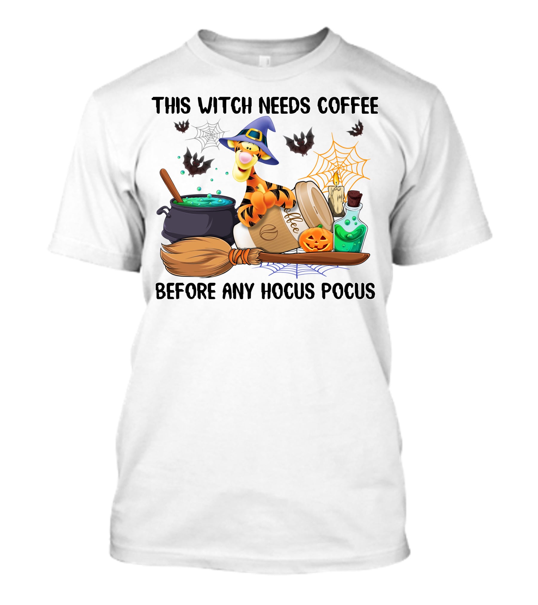 This Witch Needs Coffee Before Any Hocus Pocus Tigger With Broomstick And Pumpkin Batwing Cauldron And Candle T-Shirt