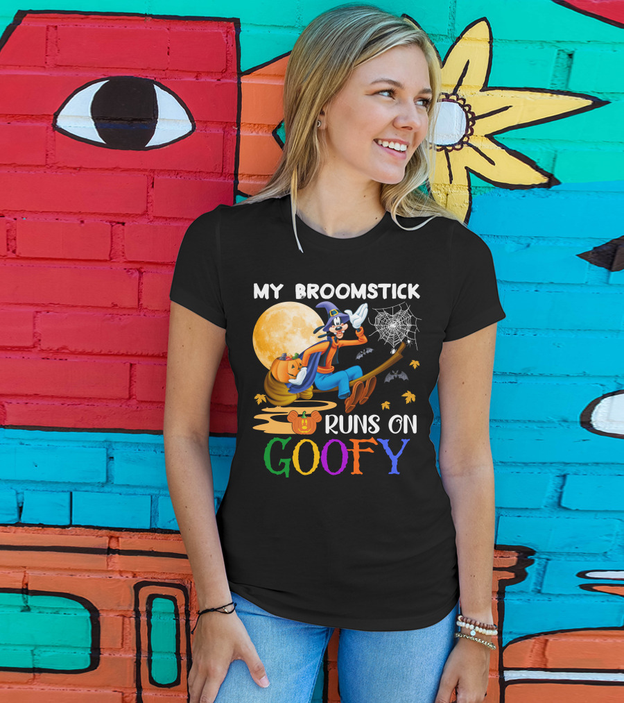 My Broomstick Runs On Goofy Halloween Moon Pumpkin Spiderweb T-Shirt