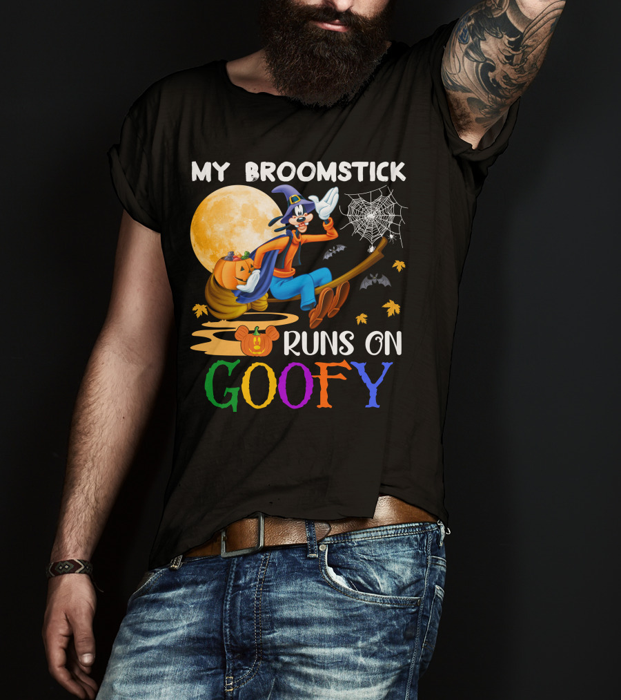 My Broomstick Runs On Goofy Halloween Moon Pumpkin Spiderweb T-Shirt