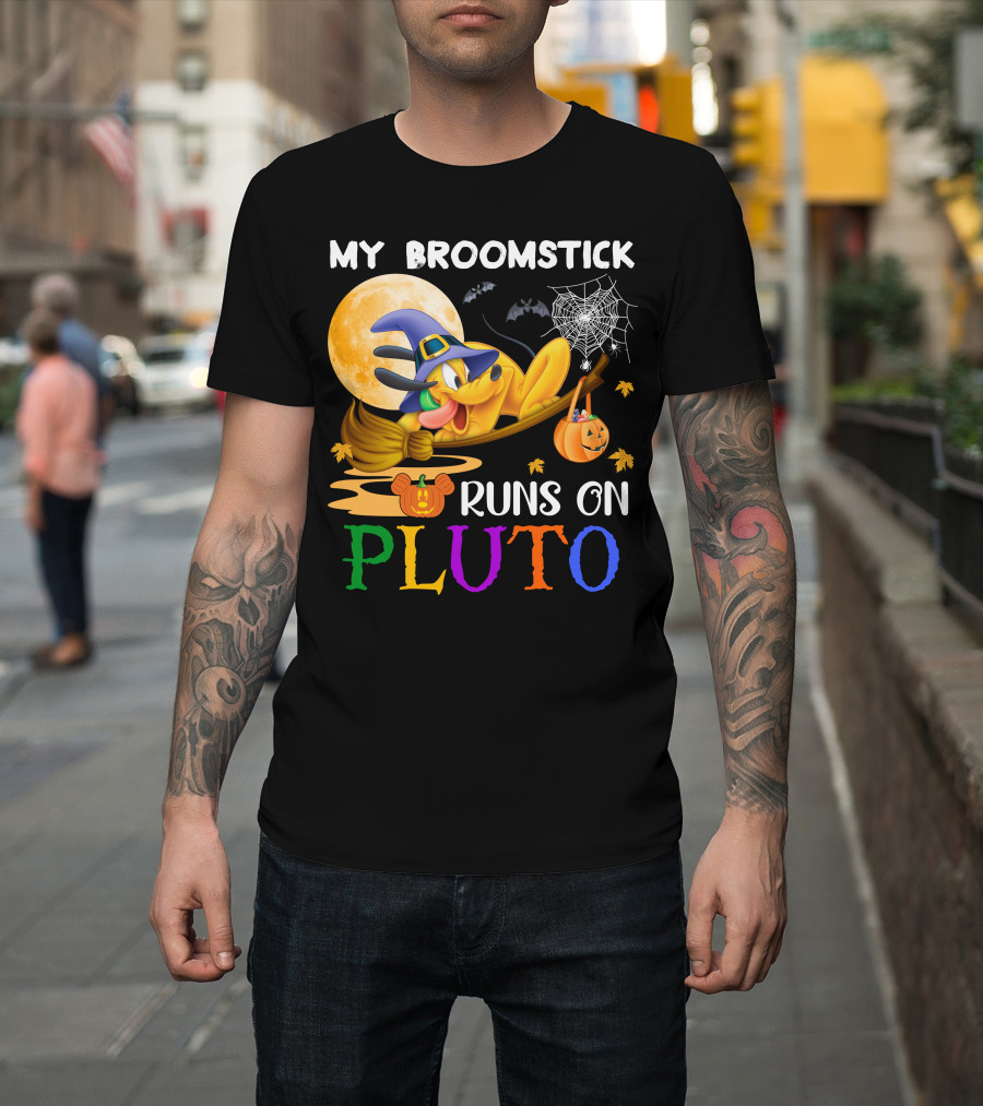 My Broomstick Runs On Pluto Halloween Moon Bats Spider Web Pumpkin T-Shirt