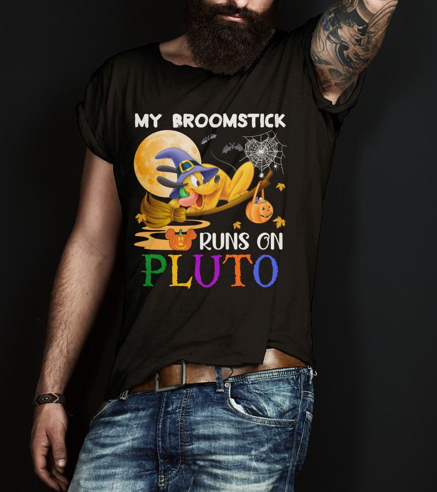 My Broomstick Runs On Pluto Halloween Moon Bats Spider Web Pumpkin T-Shirt