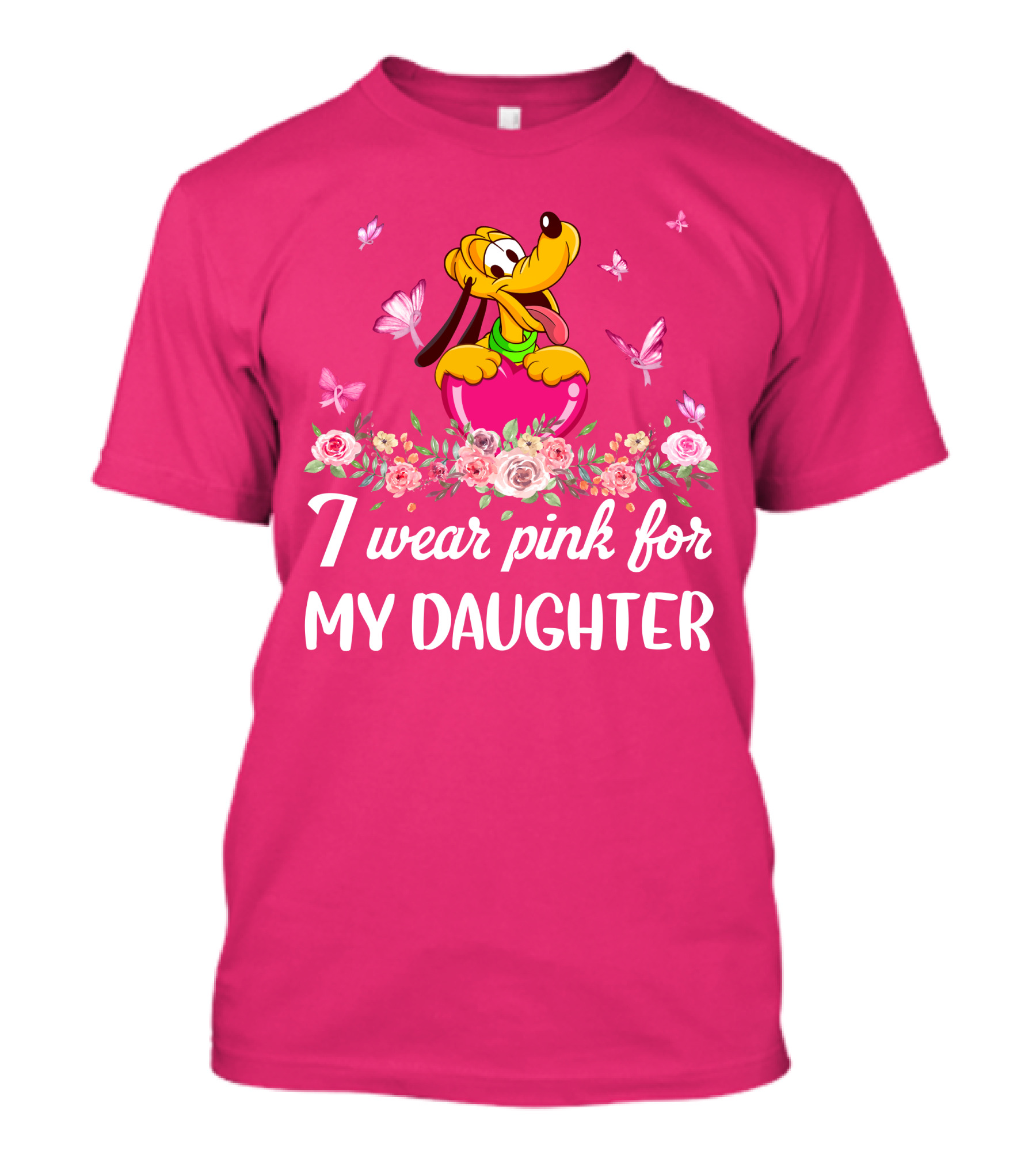 I Wear Pink For My Daughter Pluto Disney Floral Butterflies T-Shirt