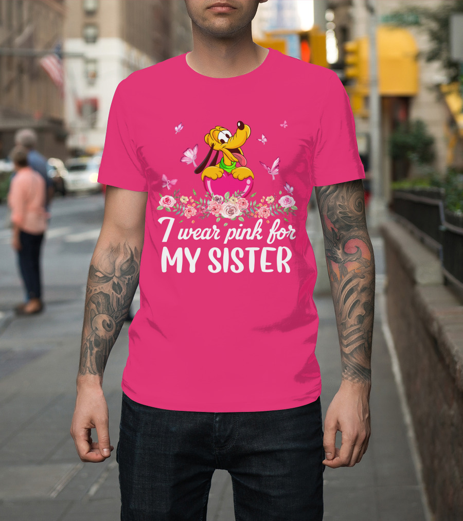 I Wear Pink For My Sister Pluto Butterflies And Flowers T-Shirt